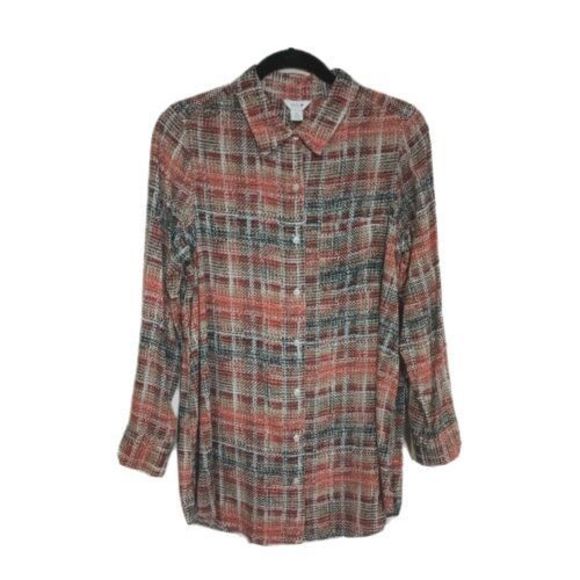 Intro Petites Womens Medium Roll Tab Button Front Top Autumn Abstract Brown - Picture 1 of 4